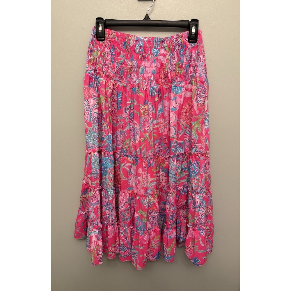 Lilly Pulitzer Deavan Tiered Midi Skirt Shell Me Something Good Small Pink NWT